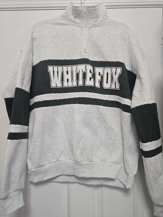 White Fox Boutique Tops - White Fox Boutique Decade Classics Varsity Zip Front Sweater - Grey Marl/Green